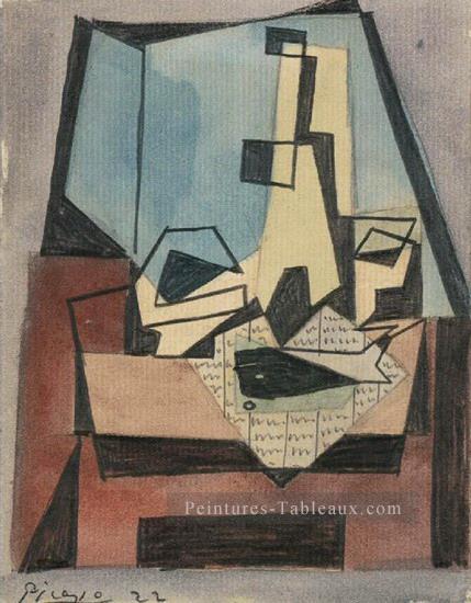Verre bouteille poisson sur un journal 1922 cubiste Pablo Picasso Peintures à l'huile